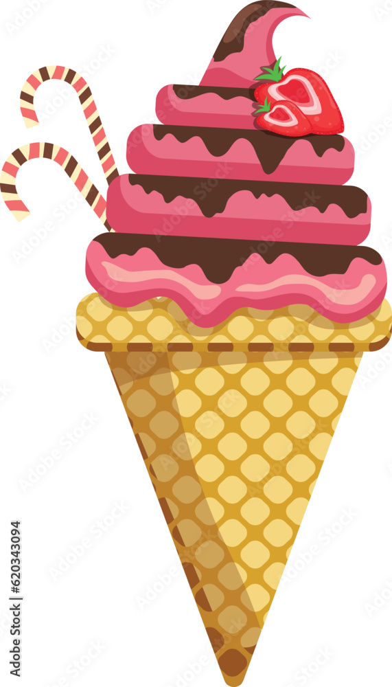 Vector illustration delicious colorful ice cream waffle cone. Icecream strawberry chocolate scoops waffle cone. on white background. Idea for poster, product, t-shirt. Vector icon ice cream cone.