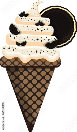 Vector illustration delicious colorful ice cream waffle cone. Icecream cookie cream scoops waffle cone. on white background. Idea for poster, product, t-shirt. Vector icon ice cream cone.