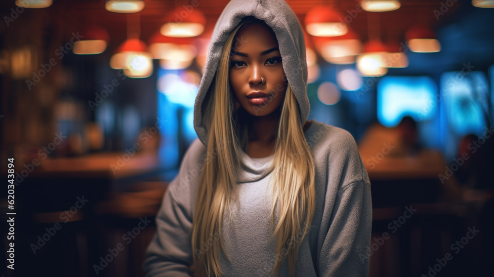 young adult woman with long hair dyed blonde, in a dark bar or fictional, hoodie, leisure or job or weekend young adult woman with long hair dyed blonde, in a dark bar or fictional, hoodie, leisure or job or weekend