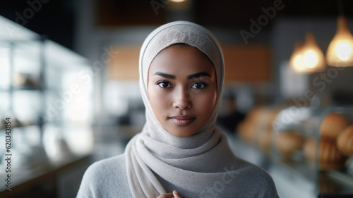 young adult woman or teenager with headscarf, indonesian muslim islam, works as a waitress in a small business like a bakery or cafe, fictional place © wetzkaz