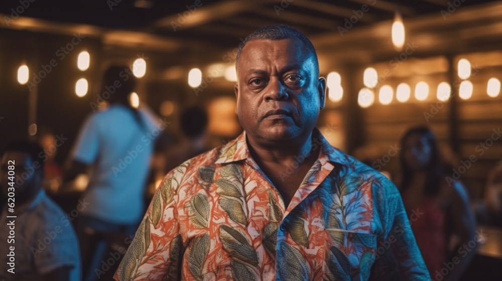 an african american man in a suit wears a luxury suit, tropical place with tourists and restaurant, fictional location an african american man in a suit wears a luxury suit, tropical place with tourists and restaurant, fictional location