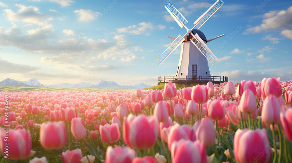 sunset in the field of pink flowers with windmill. Generative Ai