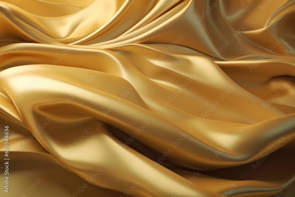 The pale gold background with abstract cloth waves adds a touch of