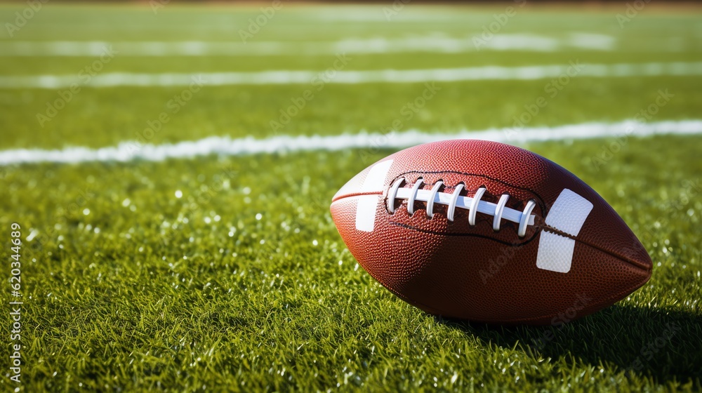 Closeup of an American football on a field, space for text Closeup of an American football on a field, space for text