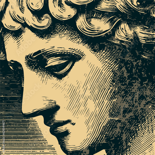 Brutalist style engraved poster featuring an antique head. Vector line pattern depicting a close-up.