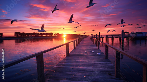 sunset behind a dock with birds flying over the water. Generative Ai