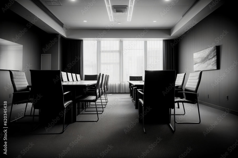A Black And White Photo Of A Conference Room