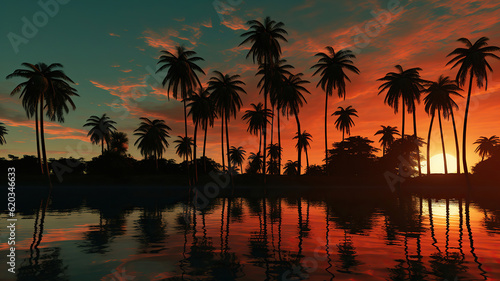 palm trees reflect the reflection of the setting sun in clouds. Generative Ai © Putra
