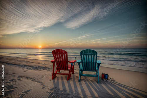 A Couple Of Chairs Sitting On Top Of A Sandy Beach