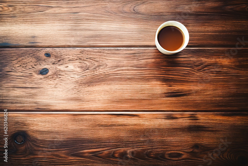 wooden background with a cup of coffee