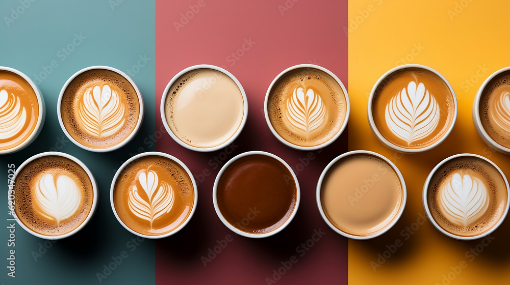 Top view of various types of specialty coffees with art design, and color background. Generative AI.