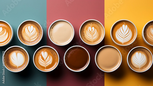 Top view of various types of specialty coffees with art design, and color background. Generative AI.