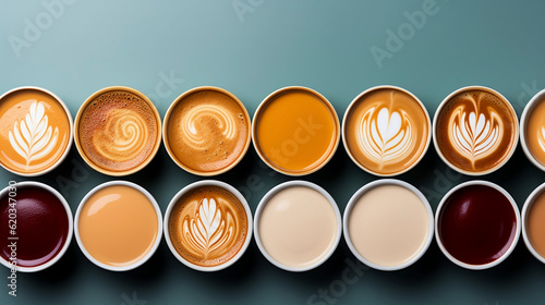 Top view of various types of specialty coffees with art design, and light blue background. Generative AI.