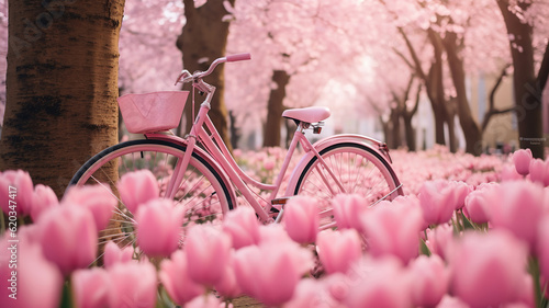 a pink bicycle is the center of a field of pink tulips. Generative Ai photo
