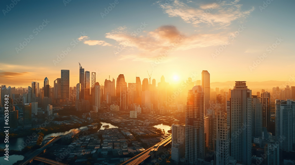 Fototapeta premium Urban Cityscape, Skyline View at Golden Hour. Generative Ai