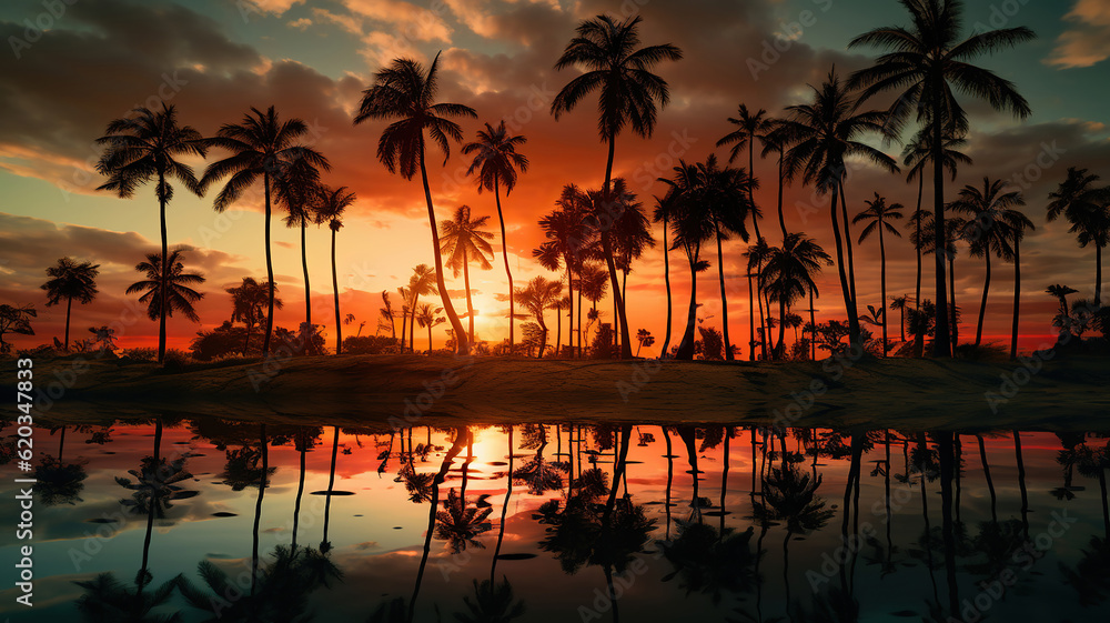 Obraz premium palm trees reflect the reflection of the setting sun in clouds. Generative Ai