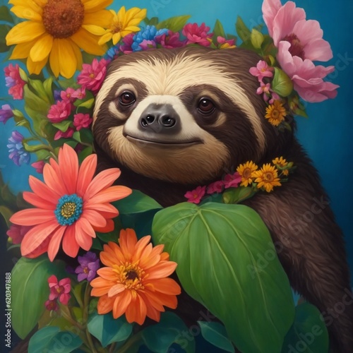 A sloth with flowers background generative ai © Juliana