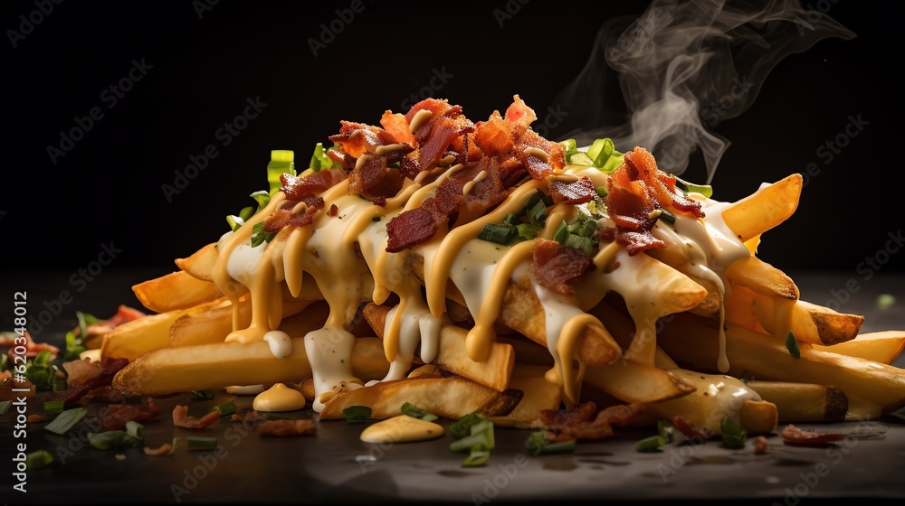 Crispy loaded french fries with cheese sauce and bacon - obrazy, fototapety, plakaty 