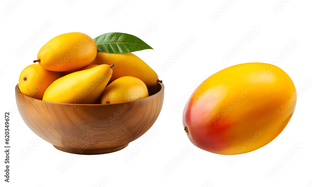 Mango in a wooden bowl isolated on transparent png
