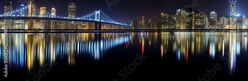 New York city panorama, at night panoramic cityscape , blurred neon light reflection,sea water , manhattan bridge in new york,starry sky and moon ,template ,banner,