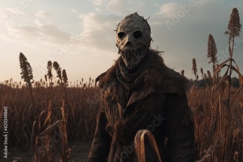 Creepy Zombie Scarecrow in a Desolate Field, Halloween Concept