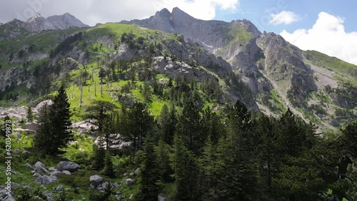 Beautiful epic rocks with scatterings of stones and coniferous trees. Mountains Komovi. Montenegro. Aerial view. photo