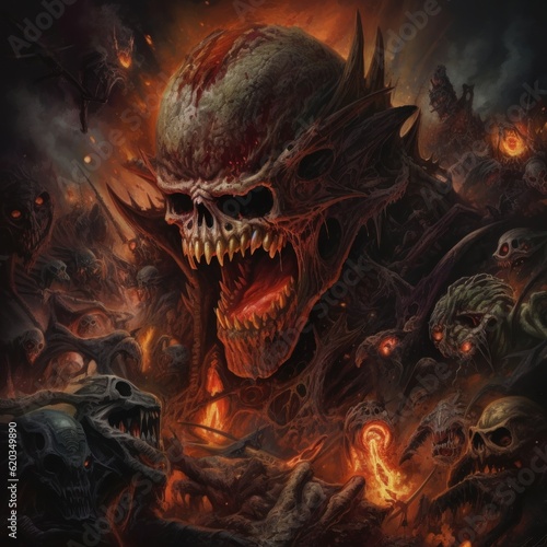 Death Metal Album Artwork Illustration, Devil as a Giant Scary Skull Surrounded by Eerie Demons and Creatures, Halloween Concept
