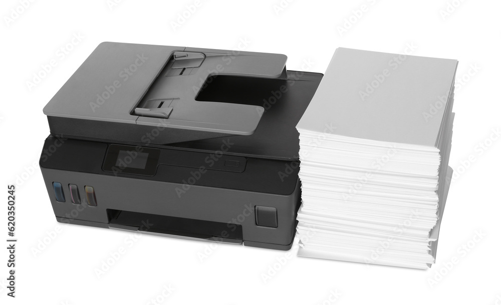 Modern printer and stack of paper on white background Modern printer and stack of paper on white background