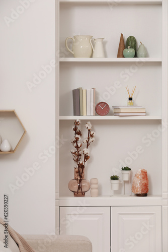Stylish shelves with decorative elements and houseplants near white wall. Interior design © New Africa