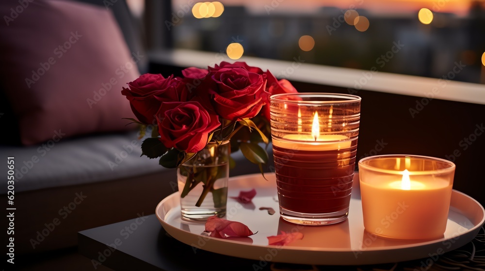 Romantic dinner setting. Outdoor anniversary table scene with roses, wine and candles.