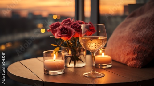 Romantic dinner setting. Outdoor anniversary table scene with roses, wine and candles. © GnrlyXYZ