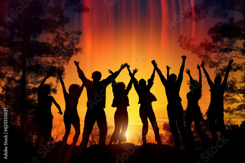 illustrated digital painting of Big group of people having fun in success victory and happy pose with raised arms on mountain top against sunset lakes and mountains. Generative AI.