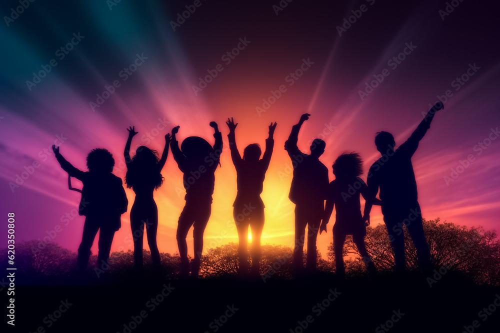 illustrated digital painting of Big group of people having fun in success victory and happy pose with raised arms on mountain top against sunset lakes and mountains. Generative AI.