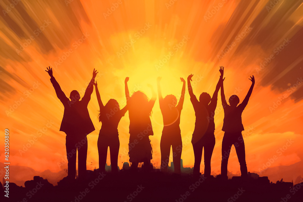 illustrated digital painting of Big group of people having fun in success victory and happy pose with raised arms on mountain top against sunset lakes and mountains. Generative AI.