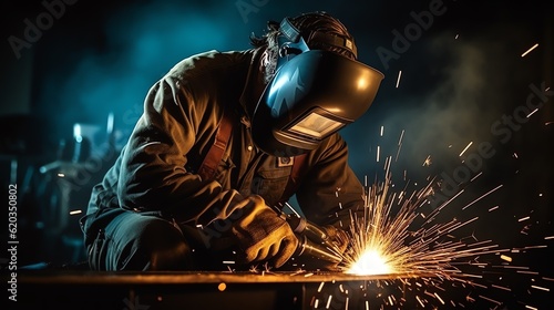 Welder in welding helmet working on metal with sparks in a dark room
