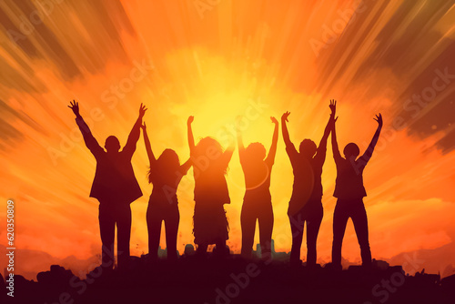 illustrated digital painting of Big group of people having fun in success victory and happy pose with raised arms on mountain top against sunset lakes and mountains. Generative AI.