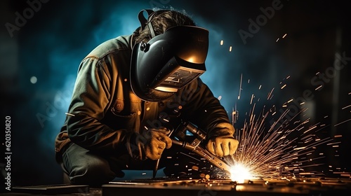 Welder in welding helmet working on metal with sparks in a dark room