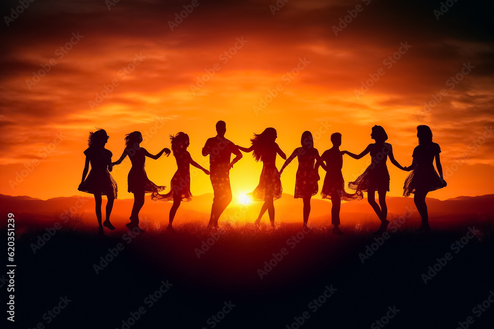 illustrated digital painting of Big group of people having fun in success victory and happy pose with raised arms on mountain top against sunset lakes and mountains. Generative AI. illustrated digital painting of Big group of people having fun in success victory and happy pose with raised arms on mountain top against sunset lakes and mountains. Generative AI.