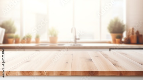 Empty wooden table top in front of a kitchen window