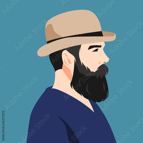 bearded man avatar wearing fedora hat. side view. vector illustration.