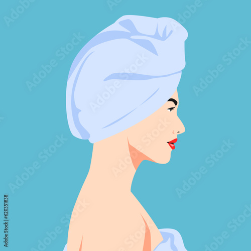 female avatar using hair towel. side view. vector illustration.