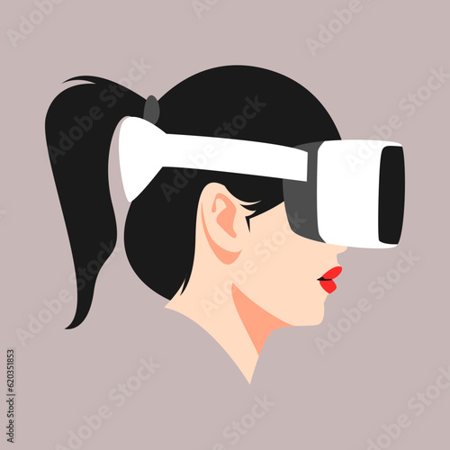 avatar of woman with ponytail hairstyle. using virtual reality headset. side view. vector illustration.