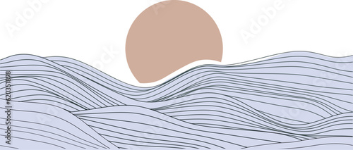 Minimalist abstract line art template for wall art. Vintage-inspired wallpaper design featuring ocean, sun, sea wave, and beach elements. Perfect for adding a touch of summer season vibes. Vector art