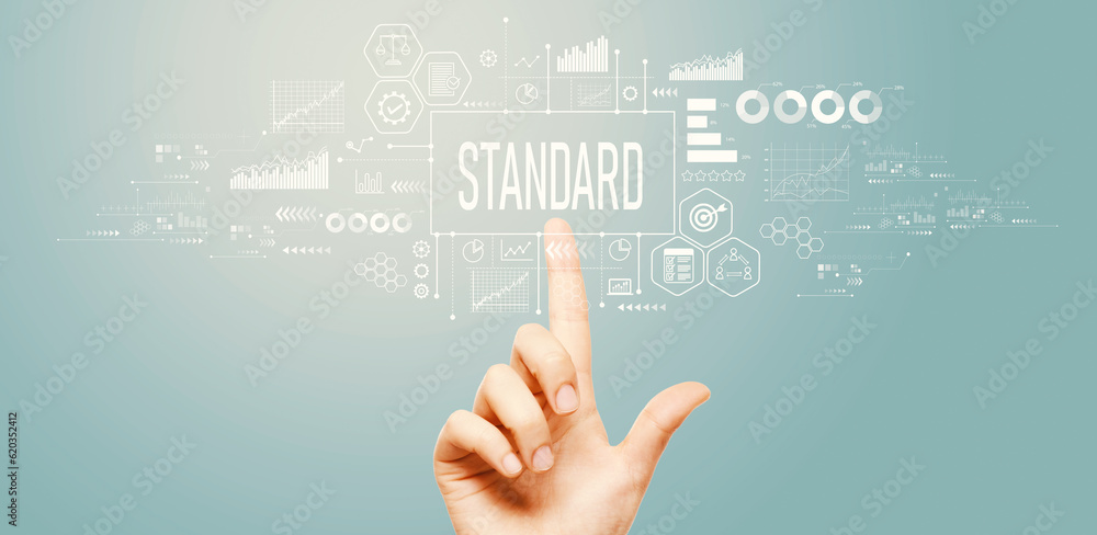 Standard theme with hand pressing a button on a technology screen Standard theme with hand pressing a button on a technology screen