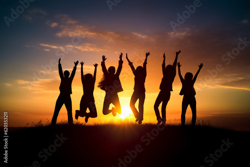 Foto Big group of people having fun in success victory and happy pose with raised arms on mountain top against sunset lakes and mountains