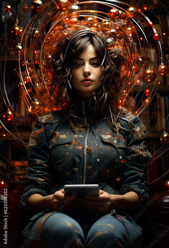 A woman sitting in a chair holding a tablet. Generative AI. Esoteric knowledge, conspiracy theories, mystical hidden truth, manipulation of facts. A woman sitting in a chair holding a tablet. Generative AI. Esoteric knowledge, conspiracy theories, mystical hidden truth, manipulation of facts.
