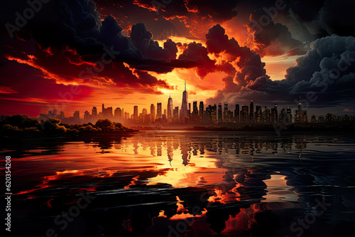 Storm over city with skyscrapers, towers and tall building. City skyline under stormy clouds on sunset with reflection in water photo