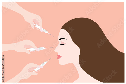 Dermal filler injections. Woman face with doctor hands in gloves with syringe. Beauty lifting anti-aging treatment vector illustration.