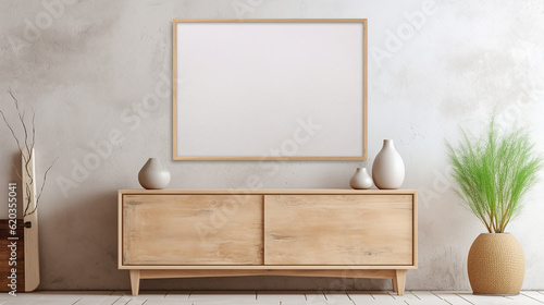 Armário rústico de madeira perto da parede com moldura de pôster em branco com espaço de cópia. Design de interiores de sala de estar moderna
