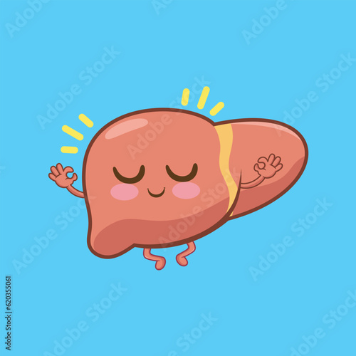 cute happy funny liver organ meditate cartoon vector icon illustration